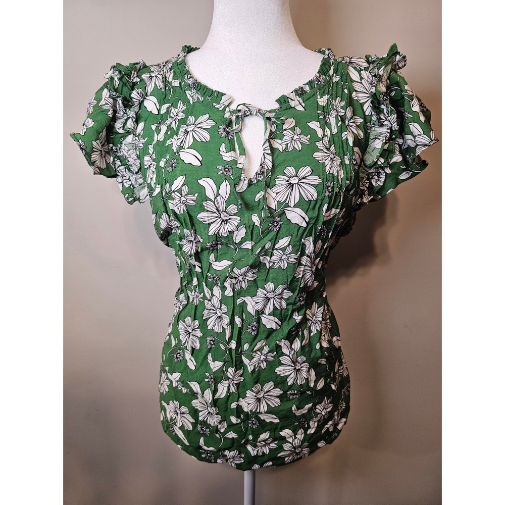 Sonoma Goods For Life Green Floral Flutter Sleeve Ruffle Keyhole Blouse XXL